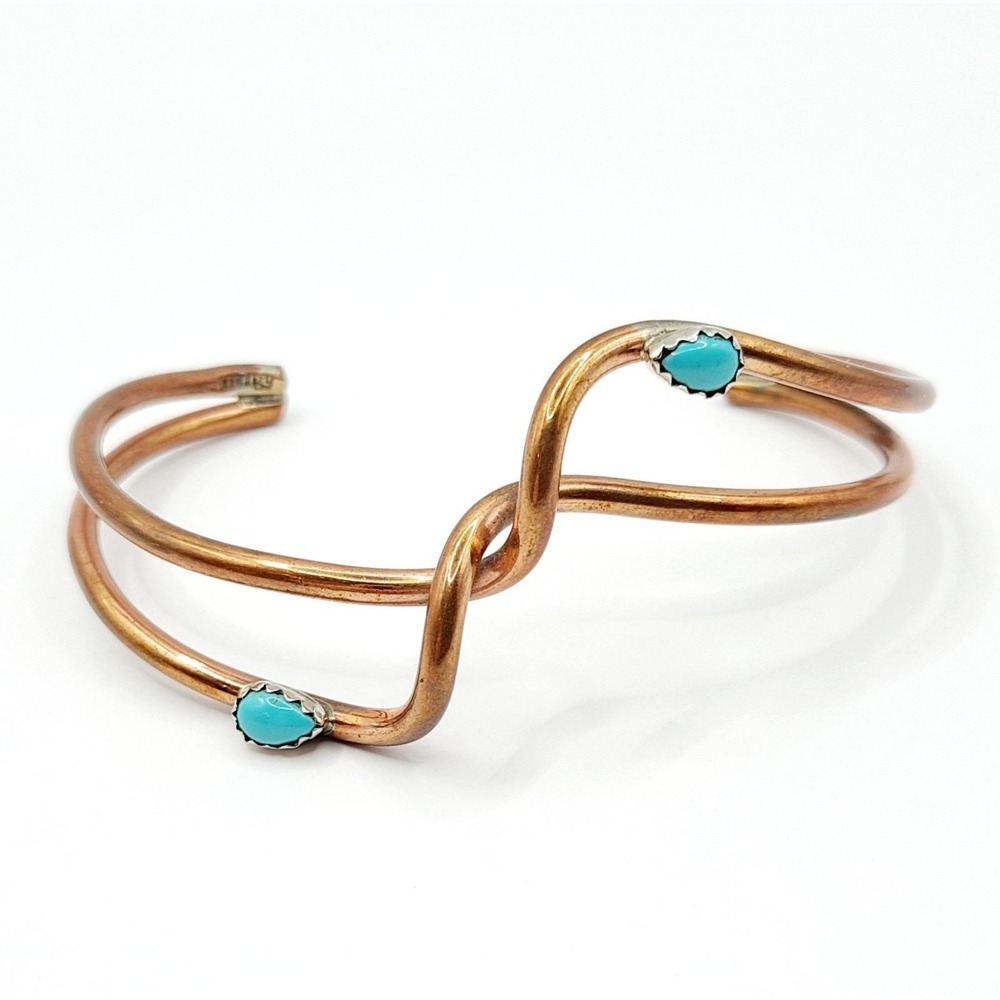 Vintage Turquoise Copper Cuff Yolanda Skeets Double Wire Blue Stone Bracelet